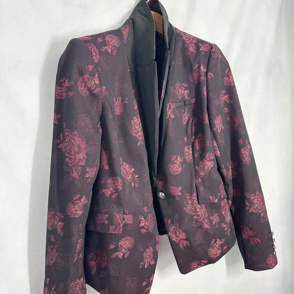 WHBM Burgundy Floral Rose Single Button Blazer Women's Size 12 gold crest button - Picture 8 of 14